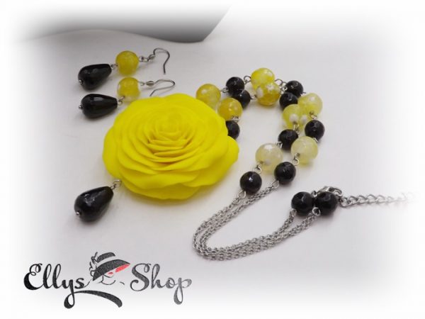 Set bijuterii handmade unicat trandafir galben si pietre semipretioase agate si onix