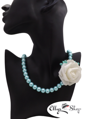 Colier handmade perle de sticla turcoaz si trandafir