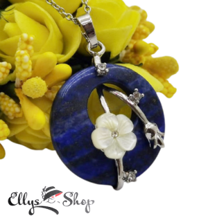 Colier pandantiv piatra lapis lazuli si floare din sidef