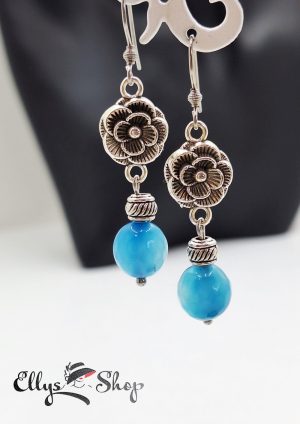 Cercei pietre semipretioase agate albastre accesorii argintii flori
