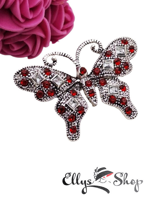 Brosa eleganta fluture cu strasuri rosii